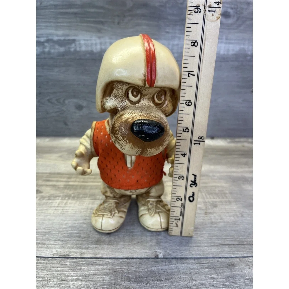 1977 Creative Mfg Orange Football Player Hound Dog Plastic Coin Bank Vintage 70s